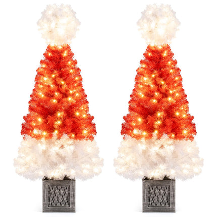 Dreamade 4 FT Pre-Lit Christmas Tree for Entrances, Artificial Potted Santa Hat Xmas Tree with 300 Branch Tips