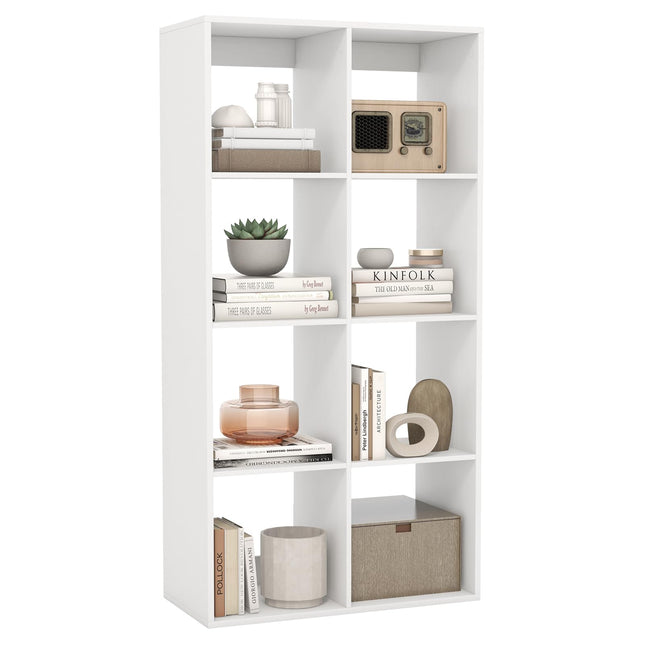 Dreamade 8-Cube Bookcase, White Cubby Bookshelf w/Back Guardrail & Anti-Tipping Kits