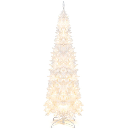 Dreamade 7ft White Pre-Lit Pencil Christmas Tree, Artificial Hinged Slim Tree with 800 Tips, 300 Warm White Lights - DreamadeUS