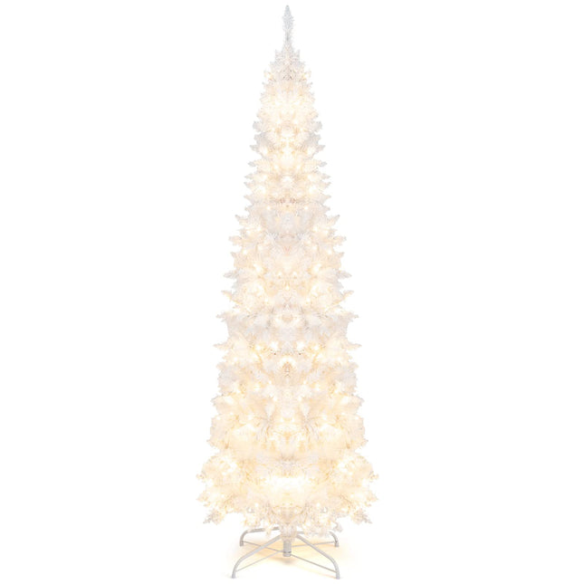 Dreamade 7ft White Pre-Lit Pencil Christmas Tree, Artificial Hinged Slim Tree with 800 Tips, 300 Warm White Lights - DreamadeUS