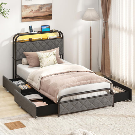 Dreamade Queen/Full/Twin Size Bed Frame with 4 Storage Drawers and Charging Station