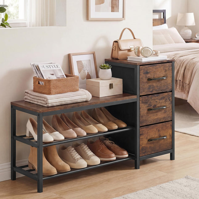 Dreamade 3-Tier Industrial Shoe Storage Bench with 3 Removable Fabric Drawers
