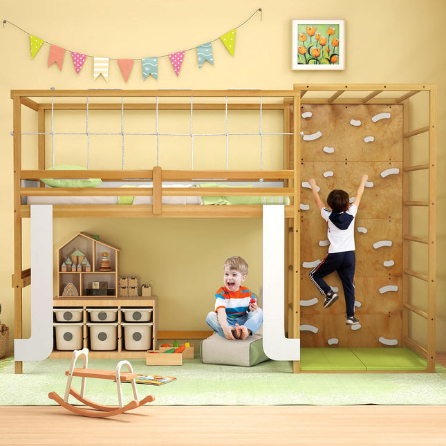Dreamade Twin Bunk Bed with Jungle Gym Wooden Loft Bed with Climbing Ladder