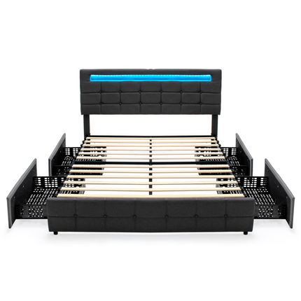 Dreamade Queen Bed Frame with LED Lights and 4 Drawers, Upholstered Platform Bed Frame with USB Ports