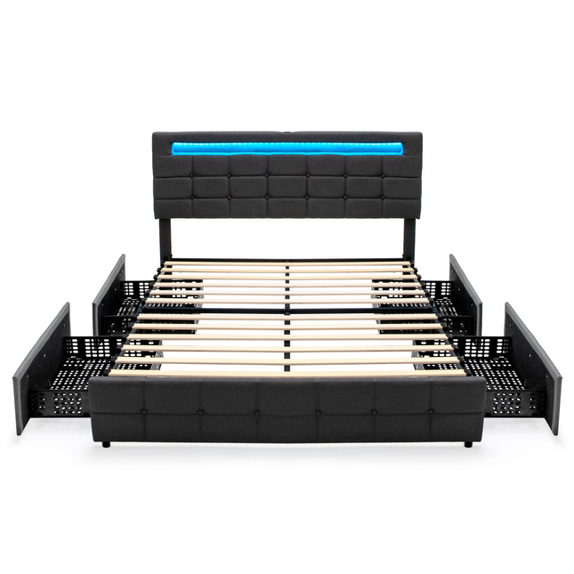 Dreamade Queen Bed Frame with LED Lights and 4 Drawers, Upholstered Platform Bed Frame with USB Ports