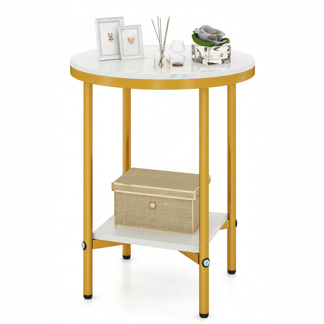 Dreamade Round Side Table 2-Tier Faux Marble Sofa Side Coffee Table w/Gold Frame & Open Shelf