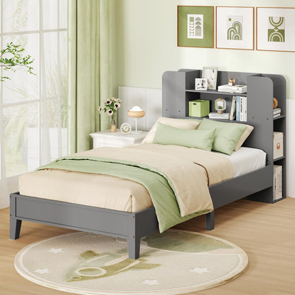 Dreamade Twin Bed Frames for Kids, Wooden Twin Size Bed with Storage Bookcase Headboard