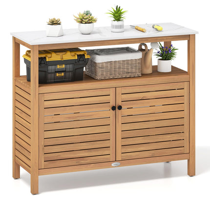 Dreamade Outdoor Potting Bench Acacia Wood Large Planting Workstation with 2-Door Storage Cabinet