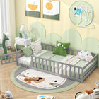 Dreamade Twin Floor Bed with Door & Fence, Kids Wood Montessori Bed with Safety Guardrails