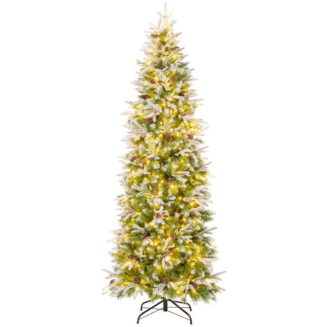 Dreamade 7.5 FT Pre-Lit Pencil Christmas Tree, Artificial Snow Flocked Hinged Fake Slim Xmas Tree with 350 Warm-White LED Lights