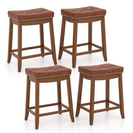 Dreamade Bar Stools Set, 25" Counter Height Bar Stools w/Saddle Seat, Footrest, Rivet, Button Tufted, Rubber Wood Frame