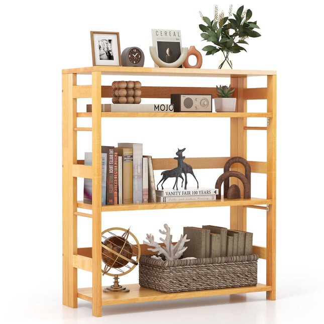 Dreamade 4-Tier Bookshelf, 34.5" Floor Storage Shelf w/Rubber Wood Frame, Anti-Toppling Kits, Side Fences