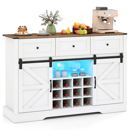 Dreamade Wine Bar Cabinet with LED Lights 52" Buffet Sideboard w/Sliding Barn Door 3 Drawer