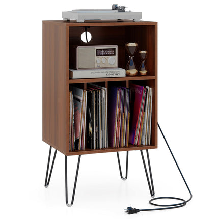 Dreamade Record Player Stand with Charging Station Turntable Cabinet with Record Storage & Metal Legs