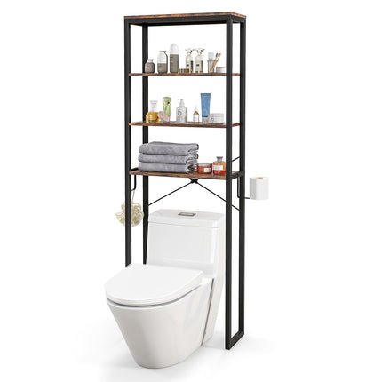 Dreamade Over The Toilet Storage Rack, 4-Tier Wooden Bathroom Space Saver w/Metal Frame & 2 Hooks