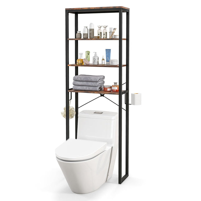 Dreamade Over The Toilet Storage Rack, 4-Tier Wooden Bathroom Space Saver w/Metal Frame & 2 Hooks