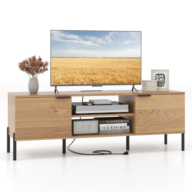Dreamade TV Stand for TVs up to 65”, Entertainment Center with Charging Station, 2 Cabinets, Open Shelves, 6 Sturdy Metal Legs