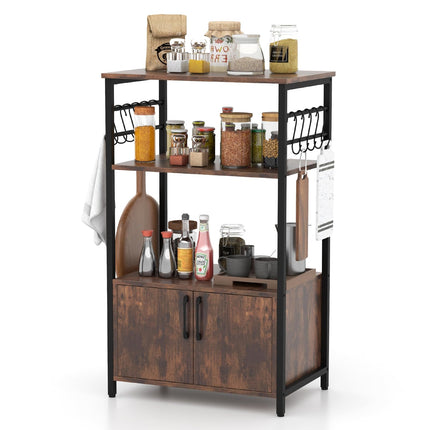 Dreamade Kitchen Bakers Rack with Storage, 3-Tier Industrial Microwave Stand with Open Shelves and 10 Removable S-Shaped Hooks