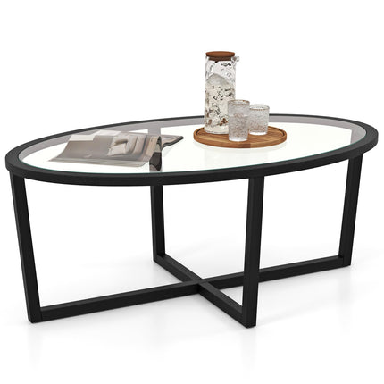 Dreamade Glass Coffee Table, 46.5" Oval Accent Sofa Tea Table with Tempered Glass Top, Cross Base & Acacia Wood Legs