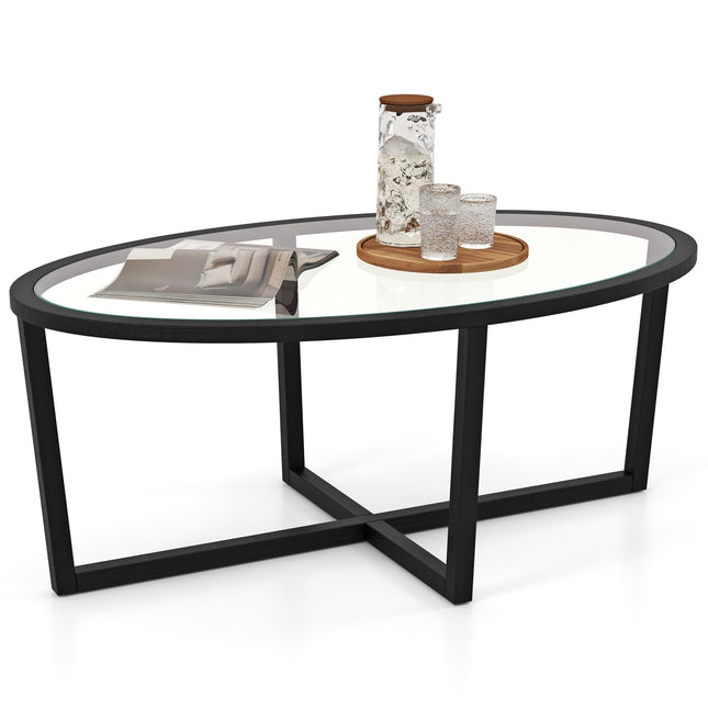 Dreamade Glass Coffee Table, 46.5" Oval Accent Sofa Tea Table with Tempered Glass Top, Cross Base & Acacia Wood Legs