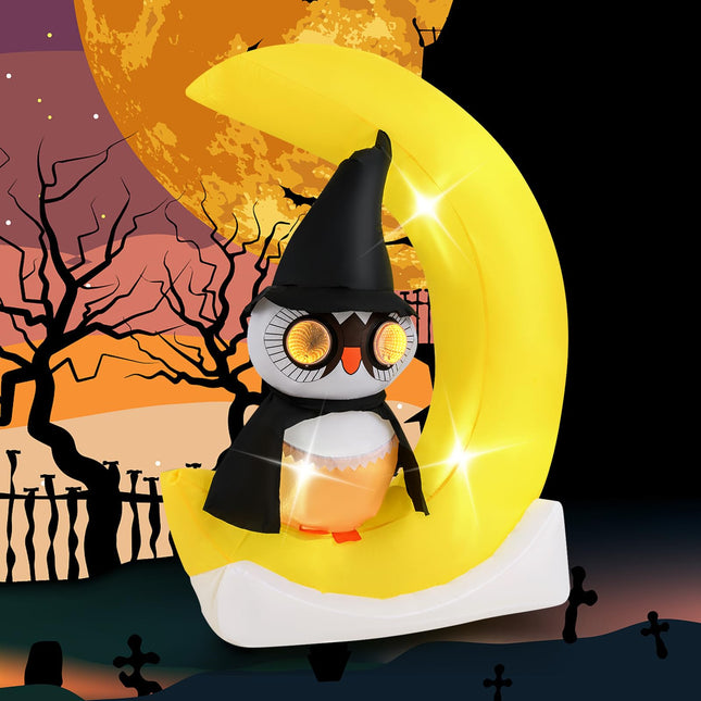 Dreamade 5.1 Ft Halloween Inflatables, Pre-Lit Owl on The Moon with Witch Hat