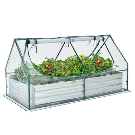 Dreamade Galvanized Steel Raised Garden Bed with Mini Greenhouse, Outdoor Metal Planter Box Kit with Large Roll-up PVC Cover