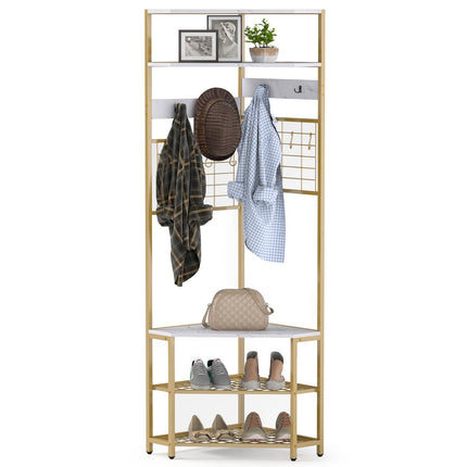 Dreamade Corner Hall Tree, 73" Tall Coat Rack w/Shoe Storage Bench, 12 Metal Hooks, 5-Tier Entryway Shoes Shelf Organizer