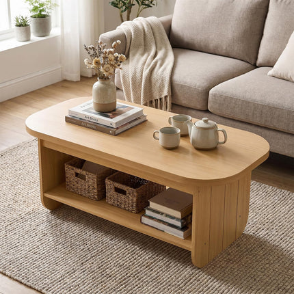 Dreamade 47" Mid Century Oval Coffee Table with Storage Shelf & Round Corner
