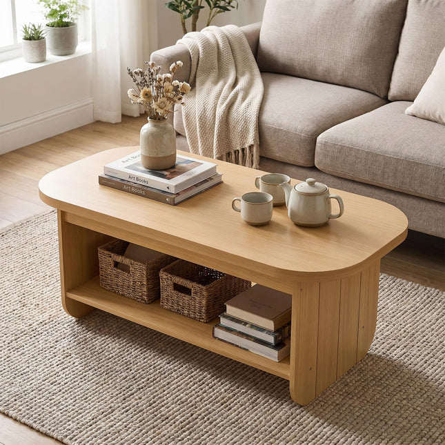 Dreamade 47" Mid Century Oval Coffee Table with Storage Shelf & Round Corner