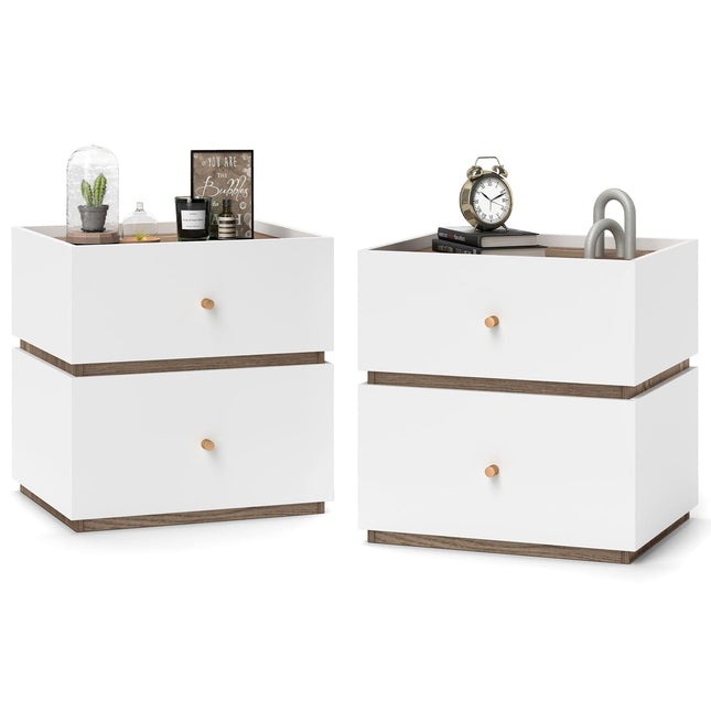 Dreamade Modern Nightstand with 2 Storage Drawers, Wooden Night Stand with Raised Edge