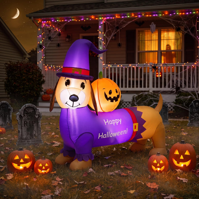 DREAMADE 5FT Halloween Inflatable Dachshund Dog with Pumpkin