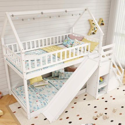 Dreamade House Bunk Bed Twin Over Twin with Slide and Stairs