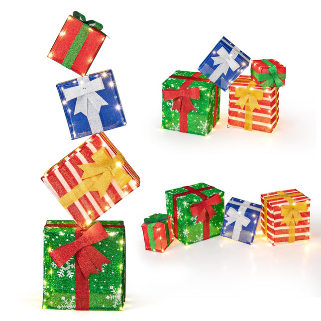 Dreamade Lighted Gift Boxes, Set of 4 Stackable Pre-lit Box Decorations with Warm White LED Lights & Pre-Assembled Ribbons