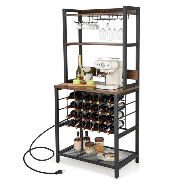 Dreamade Bakers Rack with Storage Hutch, Power Outlet & USB Port, Coffee Bar 24-Bottle Wine Rack & Glass Holder