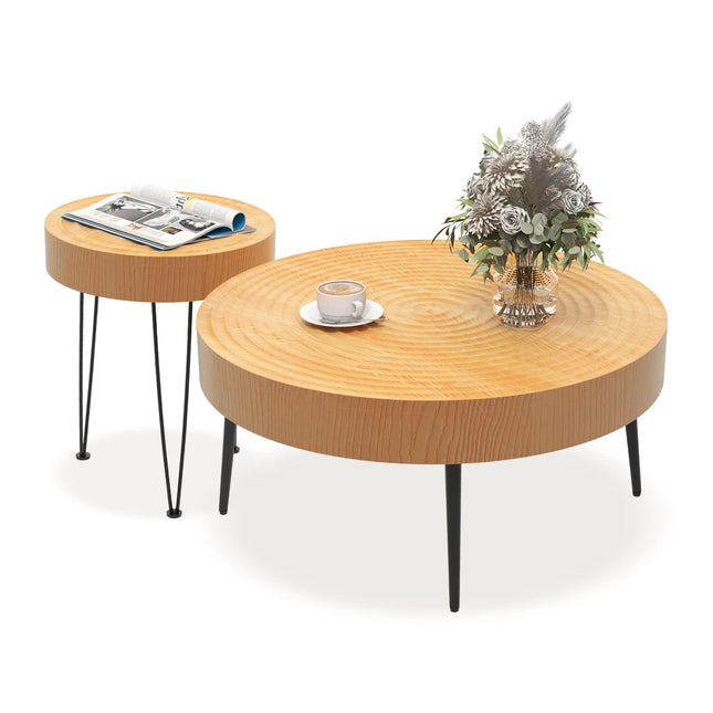 Dreamade Round Coffee Table Set of 2 - Sofa Side Nesting Table w/Solid Pine Wood Top