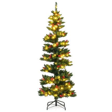 Dreamade 6FT / 7FT Pre-Lit Spiral Christmas Tree with Branch Tips Pine Cones Red Berries