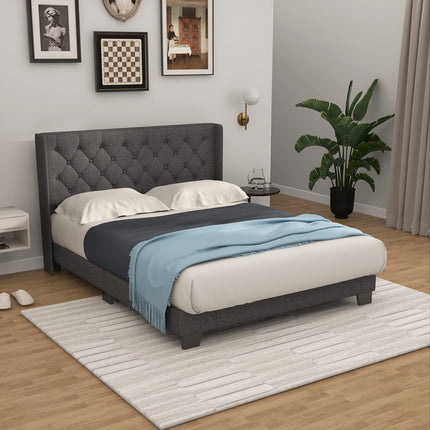 Dreamade Queen/Full/Twin Size Bed Frame with Button Tufted Headboard, Modern Fabric Upholstered Platform Bed with Wingback Design, Grey