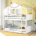 Dreamade Bunk Bed Twin Over Twin, Wood House Bed for Kids with Roof, Window Door, White