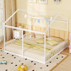 Dreamade Double Twin Floor Beds for 2 Kids, Wood Twin Size House Beds with Safety Guardrails, White