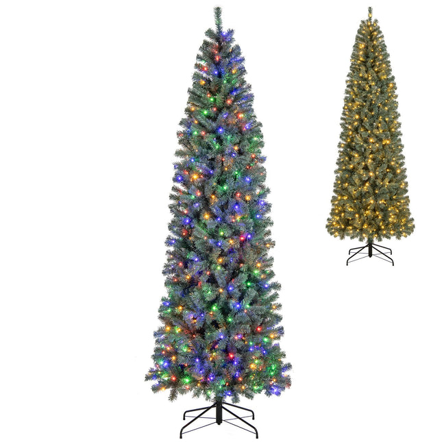 Dreamade 9ft Pre-Lit Blue Slim Pencil Christmas Tree with 500 Warm White & Multicolored LED Lights, 9 Modes, 1168 Branch Tips