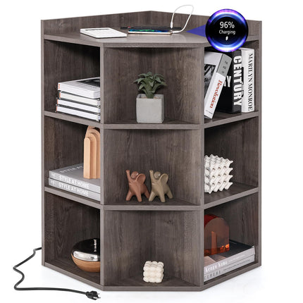 Dreamade 3-Tier Corner Cabinet with Charging Station, Corner Shelf with 9 Cubbies, 2 USB Ports & 4 Outlets
