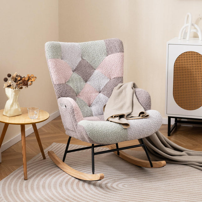 Dreamade Rocking Chair Nursery Teddy Upholstered Glider Rocker w/Ergonomic High Backrest