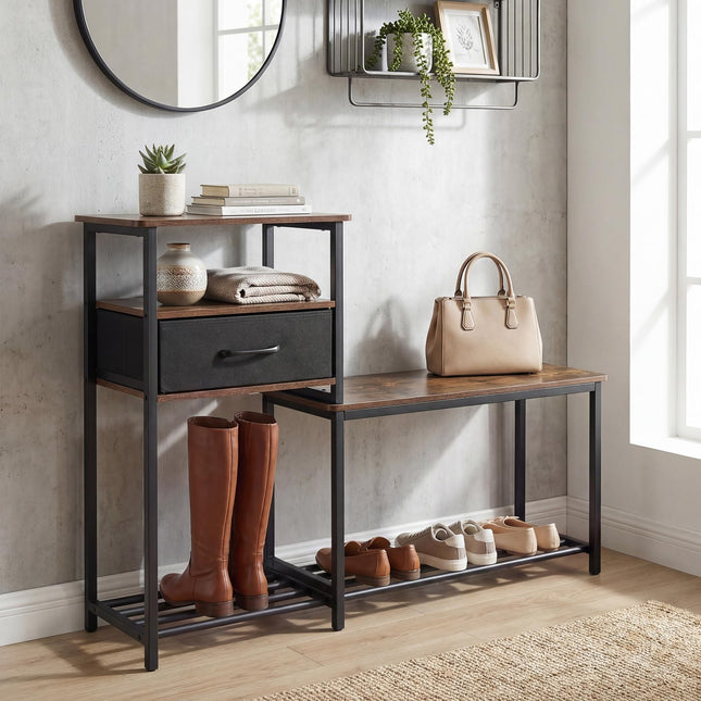 Dreamade 3-Tier Industrial Shoe Storage Bench with Drawer & Metal Frame