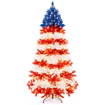 Dreamade 7.5 FT Pre-Lit Patriotic Artificial Christmas Tree, Flag-Themed Hinged Xmas Tree with 480 Warm White LED Lights