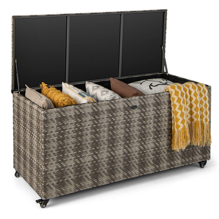 Dreamade 96-Gallon Outdoor Storage Box - PE Wicker Deck Box with Lid, Outside Rattan Storage