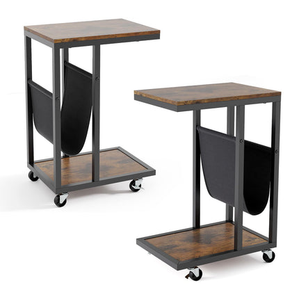Dreamade C Shaped End Table with Rolling Wheels Set of 1/2