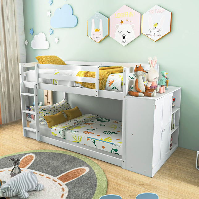 Dreamade Twin Over Twin Bunk Bed with Storage Shelves, Solid Wood Bunk Bed Frame with Convertible Bookcase & Ladder, White