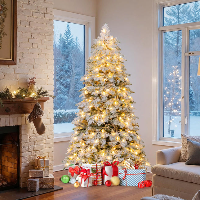 Dreamade Pre-Lit Snow Flocked Christmas Tree with Mixed Branch Tips & LED Lights