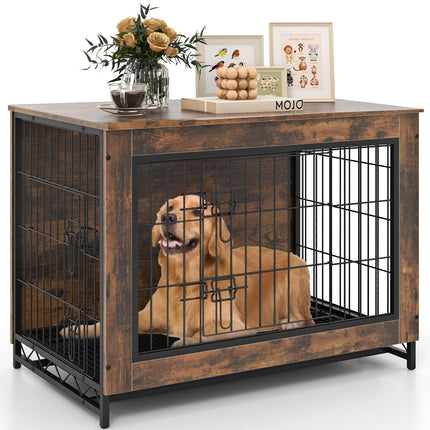 Dreamade Dog Crate Furniture - Dog Kennel Side Table with Double Doors & Removable Pull-Out Tray