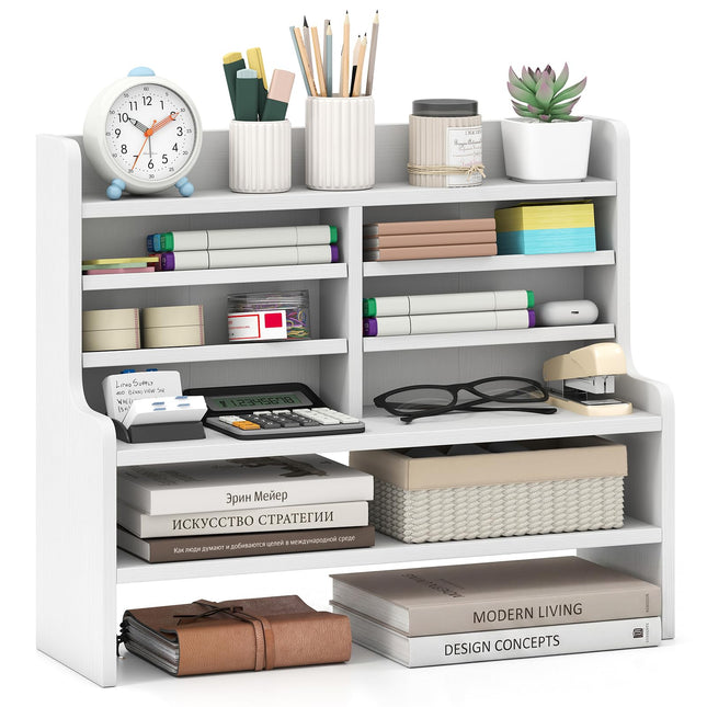 Dreamade Desk Organizer | Wooden 6 Tier Storage Rack with 2 Removable Shelves